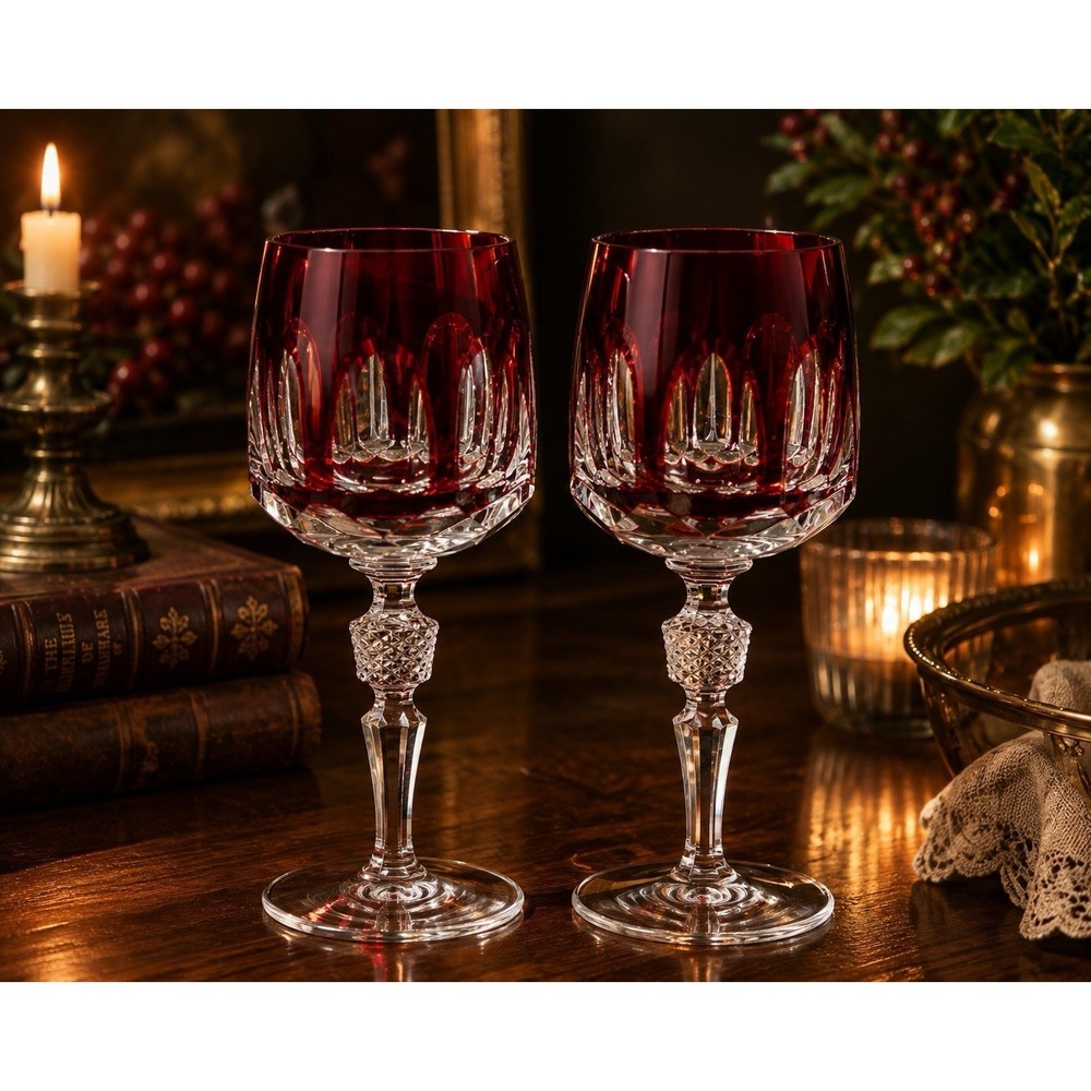 Nachtmann Antika Ruby Red Hock Wine Glasses Set of 2 Crystal Germany 8"